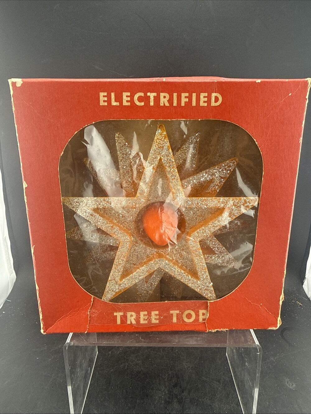 NOS Vintage Ringalite Orange Electrified Tree Top Star 5” Jeweled w/ Box